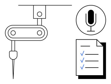 Hassas görevler için makine kolu, mavi keneli kontrol listesi, ses komutları için mikrofon. Otomasyon için ideal teknoloji, üretkenlik, iş akışı, akıllı sistemler, basit iniş imalatı
