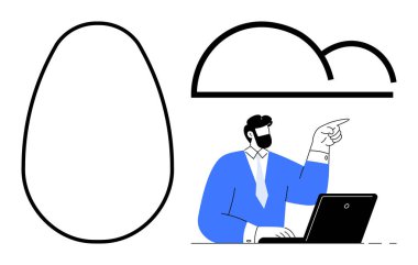 Dizüstü bilgisayardaki mavi elbiseli adam soyut yumurta ve bulut şekilleriyle eşleştirilmiş bir konsept ya da yönü vurguluyor. Yaratıcılık, liderlik, beyin fırtınası, teknoloji, strateji için ideal