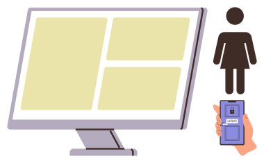 Izgara arayüzlü bilgisayar monitörü, kullanıcıyı sembolize eden insan figürü ve kilidi açan akıllı telefon. Siber güvenlik, kimlik doğrulama, mahremiyet, kullanıcı yönetimi, kimlik, çevrimiçi için ideal