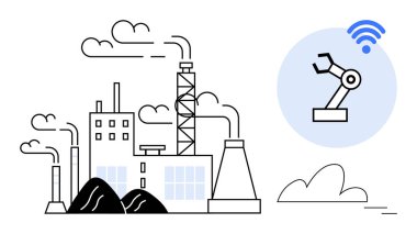 Duman yayan ve mal üreten bir fabrika, kablosuz sinyalli bir robot kol. Otomasyon için ideal, teknoloji, endüstri 4.0, veri, bağlantı imalatı verimliliği. Modern basit daire