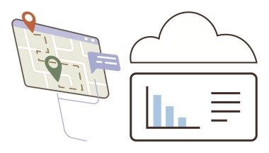 Bulutların sunduğu veri tablosunun yanında yer iğneleri ve konuşma baloncuklarıyla etkileşimli harita. Teknoloji, navigasyon, veri yönetimi, analitik, bulut hesaplama, yer belirleme, dijital uygulamalar için idealdir. Temiz