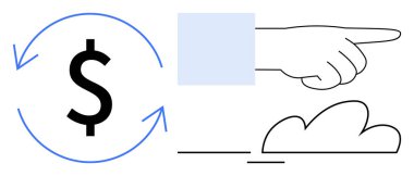 Oklarla çevrili dolar işareti, bulutun yanında yatay bir el var. Para, finans, yön, kararlar, ekonomi, kar döngüsü rehberliği için idealdir. Basit bir düz metafor.