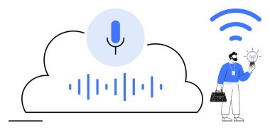 Bulutların üzerinde ses dalgaları olan bir mikrofon ikonu, kablosuz sinyal altında parlayan bir ampul tutan bir adam. Ses tanıma, yenilik, IOT, bulut depolama, akıllı çözümler, kablosuz teknoloji, basit düz