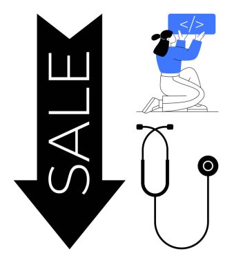 Satış metni, steteskop ile sağlık hizmetlerini gösteren kara ok ve kod üzerinde çalışan geliştirici. Sağlık teknolojisi, e-ticaret, indirimler, kodlama, yenilik, eğitim sade iniş sayfası için ideal