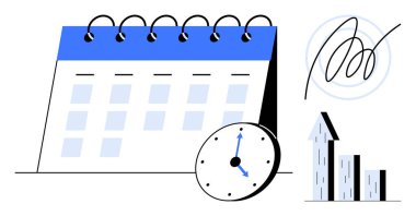 Vurgulanmış günleri, saati, yükselen bar tablosunu ve soyut imzayı gösteren takvim. Zamanlama için ideal, üretkenlik, büyüme, teslim tarihleri, organizasyon başarısı basit iniş sayfası