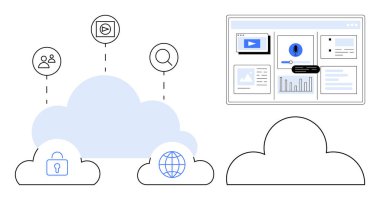 Kullanıcı, kilit, küre ve aramaya bağlı birden fazla bulut simgesi, bir veri torpidosuyla eşleştirildi. Teknoloji, ağ oluşturma, dijital koruma, analitik ekip çalışması için ideal
