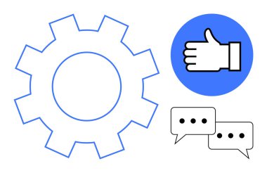 Mavi dairenin yanında dişli simgesi ve iki sohbet baloncuğu işbirliği, çatışma ve takım çalışmasını sembolize ediyor. İş için ideal, iş akışı, onay, destek, bağlantı, geri bildirim basit