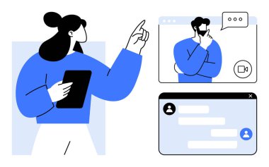 Tablet tutan kadın ekranı işaret ediyor, görüntülü arama katılımcısı, sohbet arayüzü. Sanal takım çalışması, çevrimiçi iletişim, uzaktan çalışma, işbirliği, dijital öğrenme, teknoloji platformları için ideal