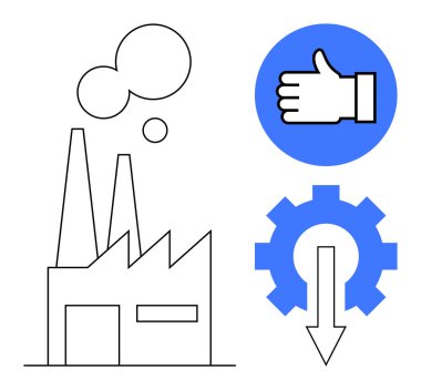 Duman emisyonlu bir fabrika, mavi daireli bir işaret, aşağı doğru oklu teçhizat. Üretim, kalite, üretkenlik, verimlilik, endüstri, yenilik için ideal basit bir iniş sayfası