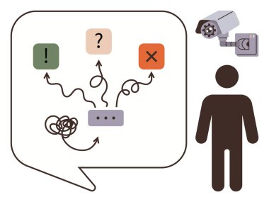 Oklarla, ikonlarla, X 'lerle, kişiyle ve güvenlik kameralarıyla karar verme yollarını gösteren soyut konuşma balonu. Karar verme, tercihler, problem çözme kılavuz denetimi için ideal