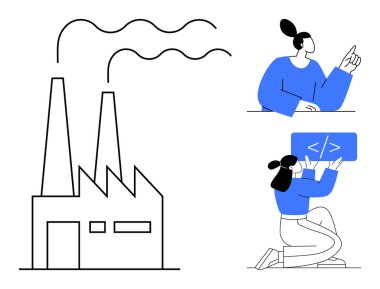 Fabrika iki kadının yanı sıra duman yayıyor. Biri oturduğu yeri gösteren bir teknoloji, diğeri de dizlerinin üzerinde bir kod tahtası tutuyor. Sürdürülebilirlik, yenilik, takım çalışması, teknoloji eğitimi için ideal