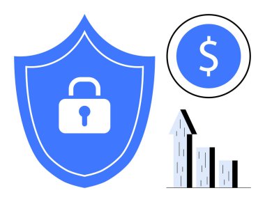 Kilit sembollü kalkan güvenlik, dolar simgesi ve finansal büyüme için yükselen bar tablosunu temsil ediyor. Finans, siber güvenlik, bankacılık, yatırım, tasarruf ve iş için ideal