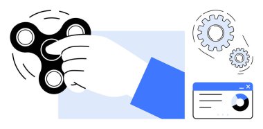 Dönen dişliler ve dijital analitik gösterge paneliyle çevrili siyah bir virajı elle döndürmek. Odaklanma, üretkenlik, yenilik, iş akışı, takım çalışması, yaratıcılık teknolojisi için ideal. Basit.