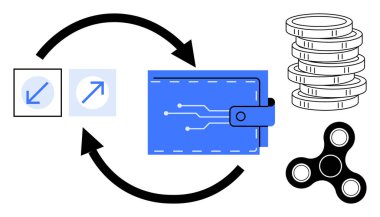 Üzerinde oklar olan mavi dijital cüzdan döviz, bozuk para yığını ve fırıldak. Finans, kripto para birimi, işlemler, tasarruflar, para yönetimi engelleme teknolojisi için ideal. Basit düz metafor