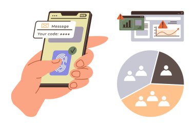 Güvenlik tebligatları, parmak izi doğrulaması ve mesaj kodu ile el ele tutuşan akıllı telefon. Grafik uyarıları ve kullanıcı segmentasyon pasta grafiği. Güvenlik, kimlik denetimi ve erişim yönetimi için ideal