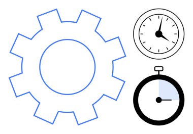 Duvar saati ve kronometrenin yanında büyük vites verimliliği, zamanlamayı, planlamayı ve hassasiyeti simgeliyor. İş akışı, süreç optimizasyonu, zaman izleme, proje yönetimi, verimlilik için ideal