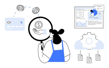 Kadın büyüteçle mali verileri inceliyor, kredi kartı işlemlerini, çizelgeleri, ayarları ve belge bağlantılarını analiz ediyor. Finans, analiz, veri yönetimi ve bütçe için ideal