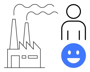 Duman salınımlı, insan figürlü ve refahı simgeleyen mutlu yüzlü bir fabrika. Endüstri, sağlık, sürdürülebilirlik, çevre, refah için ideal, basit iniş sayfası