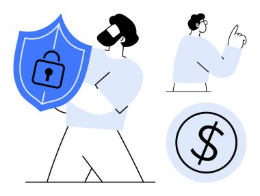 Kalkanı elinde tutan kişi güvenliği simgeleyen kilit, maddi odaklanma için dolar ikonu ve planlama için işaret eden kişi. Güvenlik, finans, planlama, koruma, tasarruflar için ideal