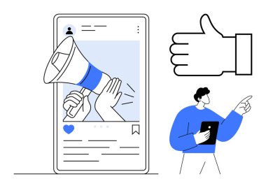 Dijital bir gönderide megafon, baş parmak ikonu ve etkileşim için tablet noktası olan nişanlı bir kişi. Pazarlama, iletişim, reklam, seyirci ilgisi, markalaşma, çevrimiçi olarak ideal