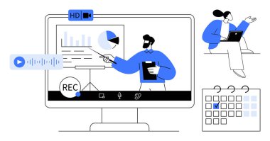 Adam ekranda grafikler, kayıt simgesi ve video arayüzü üzerine sanal bir sunum yapıyor. Laptop ve takvim simgesi kullanan bir kadın. Uzak çalışma, eğitim, ağlar ve dijital için ideal