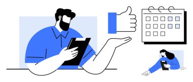 Profesyoneller görev organizasyonu için pano, onay ve takvim takvimi kullanıyor. Takım çalışması, proje yönetimi, üretkenlik, iletişim, iş akışı, geri bildirim için ideal basit