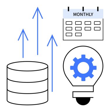 Veritabanı büyümesi yukarı bakan oklarla, aylık takvim planlamayı sembolize ediyor ve yenilik için vites ampulü. Analiz, planlama, strateji, yenilik, büyüme, üretkenlik için ideal