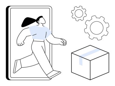 Kadın akıllı telefondan vites kutusuna doğru adımını atıyor, e-ticaret, lojistik, yenilik, otomasyon, problem çözme, dağıtım ve teknolojiyi sembolize ediyor. Süreç optimizasyonu için ideal