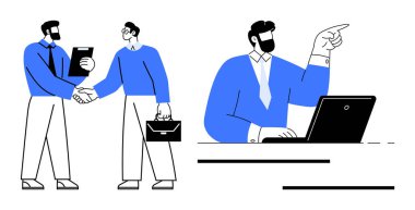 İki profesyonel el sıkışırken, biri dizüstü bilgisayarda çalışıyor ve bilerek işaret ediyor. İletişim, takım çalışması, liderlik, yönetim, kariyer büyümesi, planlama, iş için ideal