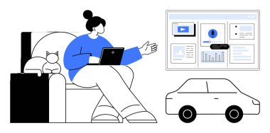 Dizüstü bilgisayarda çalışan bir kadın, büyük bir dijital ekranda dinlenen bir kedinin verilerine el sallıyor. Uzaktan çalışma, teknoloji, analitik, yaşam tarzı, dijital pazarlama, hareketlilik için ideal