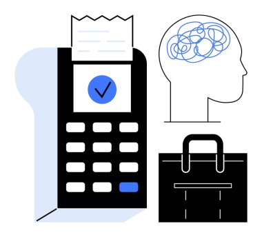 Faturalı ödeme terminali, fikirleri sembolize eden birbirine bağlı çizgileri olan insan kafası ve evrak çantası. Finans, yaratıcılık, beyin fırtınası, iş dünyası, yenilik ve karar verme için ideal