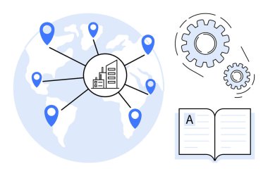 Dünya haritasındaki küresel konumlara bağlı fabrikalar, süreci temsil eden vitesler ve açık bir kitap. Lojistik, küreselleşme, yönetim, eğitim, yenilik stratejisi takım çalışması için idealdir. Basit düz