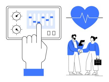 El kontrol paneli ayarlarını düzenler. Can simidi ve iki iş birlikçi olan mavi kalp. Sağlık, takım çalışması, teknoloji, yenilik, ticaret, refah, dijital etkileşim için ideal