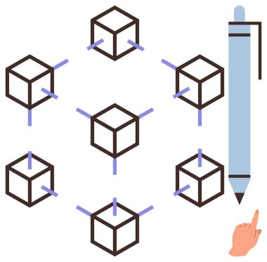 Birbirine bağlı bloklar ağı blok zincirini temsil ediyor, ikonik kalem kontrat oluşturulmasını sembolize ediyor, kullanıcı etkileşimi için parmak hareketi. Teknoloji, engelleme zinciri ve dijital etkileşim için ideal