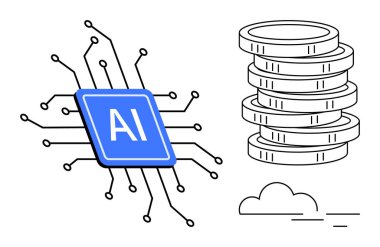 Mavi yapay zeka çipi. Devre bağlantıları var. Yığılmış paraların yanında. AI, teknoloji, finans, dijital ekonomi, yenilik, otomasyon, yatırım, basit düz metafor
