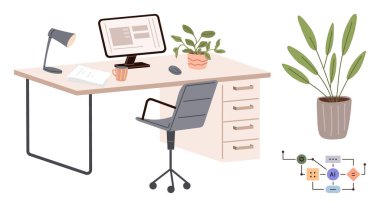 Bilgisayarlı ofis masası, belgeler, lamba, sandalye, kahve fincanı ve bitkiler. Yapay zeka şeması yan tarafta. Üretkenlik yeniliği için ideal uzaktan çalışma teknolojisi iç tasarım ve basitlik. Temiz