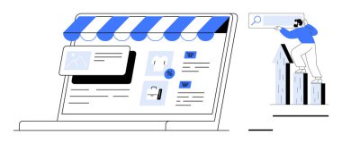 Çizgili vitrinin altında ürünleri ve indirimli afişleri olan bir çevrimiçi mağazayı gösteren bir dizüstü bilgisayar. Pazarlamacı çubuk grafiklerinin yanında dururken bir arama çubuğunu optimize eder. E-ticaret için ideal, dijital