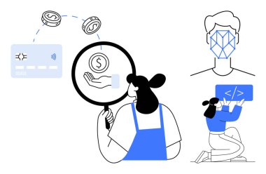 Dijital ödemeleri analiz eden kadın, yüz tanıma teknisyeni ve teknolojik yenilik için kodlama süreci. Fintech, yapay zeka geliştirme, uygulamalar, kodlama, veri güvenliği, modern iş sade iniş sayfası için ideal