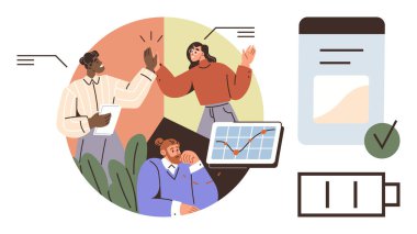 Çeşitli takımlar işbirliği yapıyor, fikirleri paylaşıyor, beşlik çakarak kutluyorlar. Grafik trendleri, pil ikonu, belge. Takım çalışması için ideal, üretkenlik, ilerleme yaratıcılık motivasyonu hedef belirleme