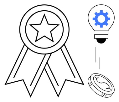 Yıldızlı kurdele, yeniliği simgeleyen dişli ampul, ödülü simgeleyen bozuk para. Başarı, tanınma, yaratıcı düşünme, icat, motivasyon, finans liderliği kavramları için ideal