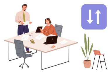 İki profesyonel laptopları ve kağıtları olan bir masada fikir alışverişinde bulunuyor. Bir veri aktarım simgesi, sandalye ve bitki çalışma alanını tamamlar. Takım çalışması, işbirliği, ofis kültürü, iş akışı için ideal