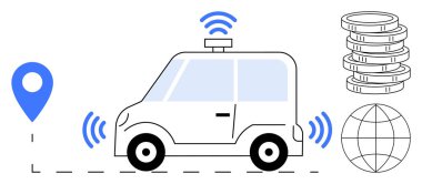 Navigasyon, kablosuz sinyaller, bozuk para yığını, küre ile otomatik çalışan araba. Teknoloji, ulaşım, yenilik, akıllı şehir, ekonomik navigasyon otomasyonu için ideal. Düz basit metafor