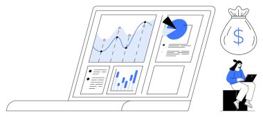Analiz çizelgeleri ve mali verileri gösteren dizüstü bilgisayar, yanında çalışan bir kişi ve para çantası. Finans, analitik, yönetim, iş stratejisi, büyüme, teknoloji ve bütçe için ideal