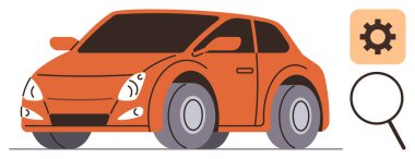 Yuvarlak kenarlı turuncu araba vites ve büyüteçle tamamlanmış. Araç teftişi, araba servisi, araba tamiri, bakım, ulaşım, teknik analiz, mekanik