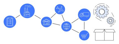 Pano, fabrika, depo, uçak, kamyon, küre, araba, vites ve kutuyu gösteren tedarik zincirinin görsel temsili. Lojistik üretim için ideal dağıtım küresel ticaret envanteri
