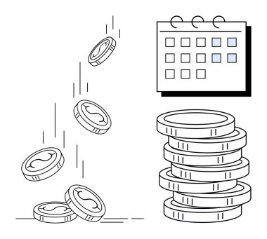 Bozuk paralar takvimin yakınındaki bir yığına düşer, kavramların altını çizerek yatırımı, bütçeyi, büyümeyi ve zamanı parmakla işaretler. Finans, tasarruf, strateji, gelir zenginliği para yönetimi için idealdir.