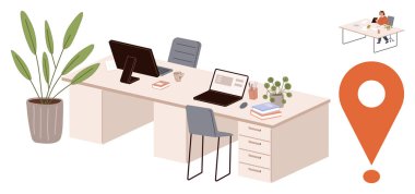 Masaları, dizüstü bilgisayarları, kapalı mekanlı bitkileri ve istiflenmiş kitapları olan düzenli çalışma alanı. Belirgin bir harita pin sembolü vurgulama konumu içerir. Üretkenlik, organizasyon, uzak çalışma ve işbirliği için ideal