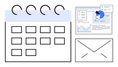 Takvim düzeni, pasta çizelgesi, grafik ve zarf simgesiyle analitik paneli. Zamanlama, veri yönetimi, e-posta iletişimi, görev örgütü, üretkenlik, ofis planlaması için ideal basit