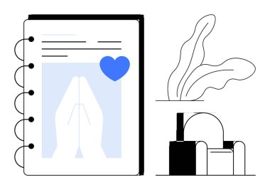 Dua eden elleri, kalp ikonu, koltuğu ve saksı bitkisi olan defteri aç. Farkındalık, inanç, maneviyat, günlük, meditasyon refahı ve öz bakım için idealdir. Basit düz metafor