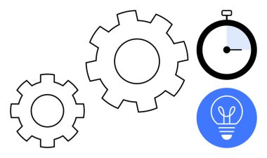 Birbirine kenetlenmiş iki vites, bir kronometre ve takım çalışmasını, verimliliği, yaratıcılığı, problem çözmeyi, süreç optimizasyonunu, zaman yönetimi ve yeniliği sembolize eden bir ampul ikonu. Basit için ideal